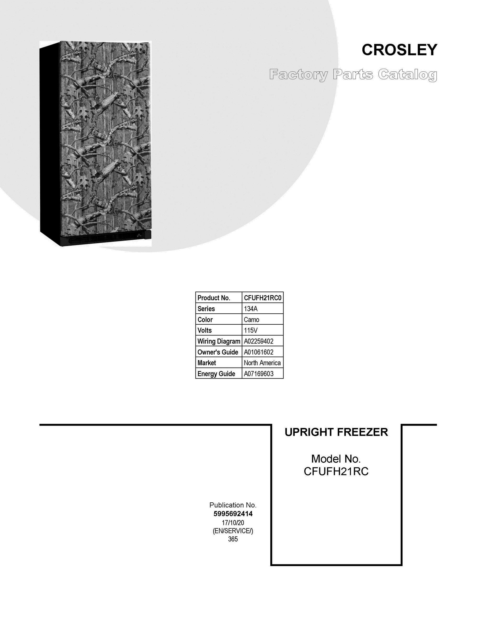 01 - COVER SHEET Diagram and Parts List for CFUFH21RC0  Frigidaire Freezer