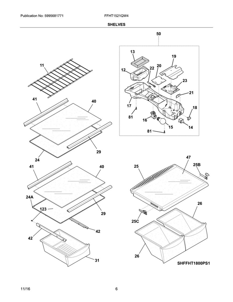 Shelves Diagram and Parts List for FFHT1521QW4  Frigidaire Refrigerator