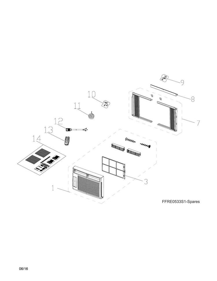 Recommended Spare Parts Diagram and Parts List for FFRE05W3S10  Frigidaire Air Conditioner