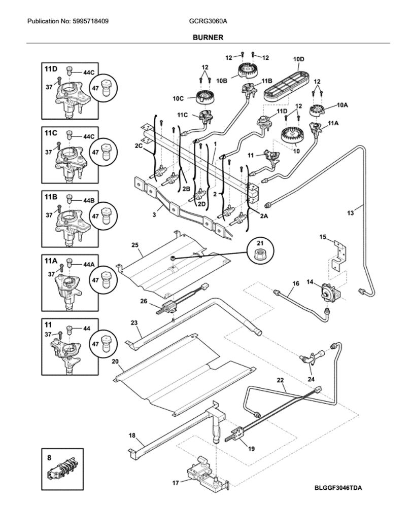 Burner Diagram and Parts List for GCRG3060AFA  Frigidaire Range