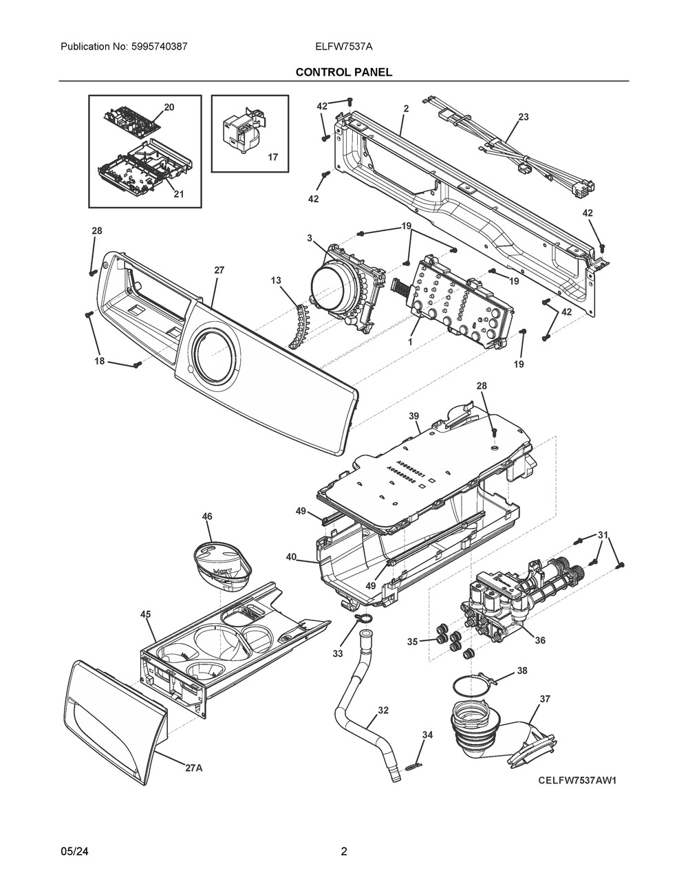 Control Panel Diagram and Parts List for ELFW7537AW1  Frigidaire Washer