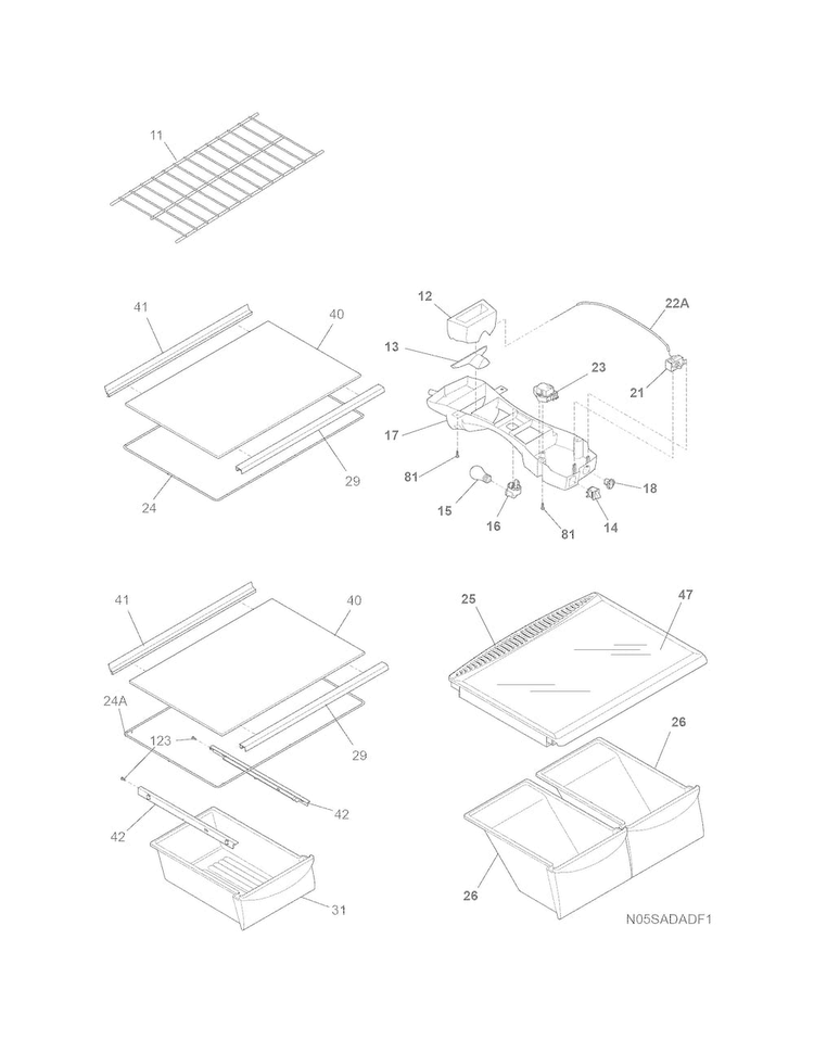 Shelves Diagram and Parts List for FTMD18P4KB9  Frigidaire Refrigerator