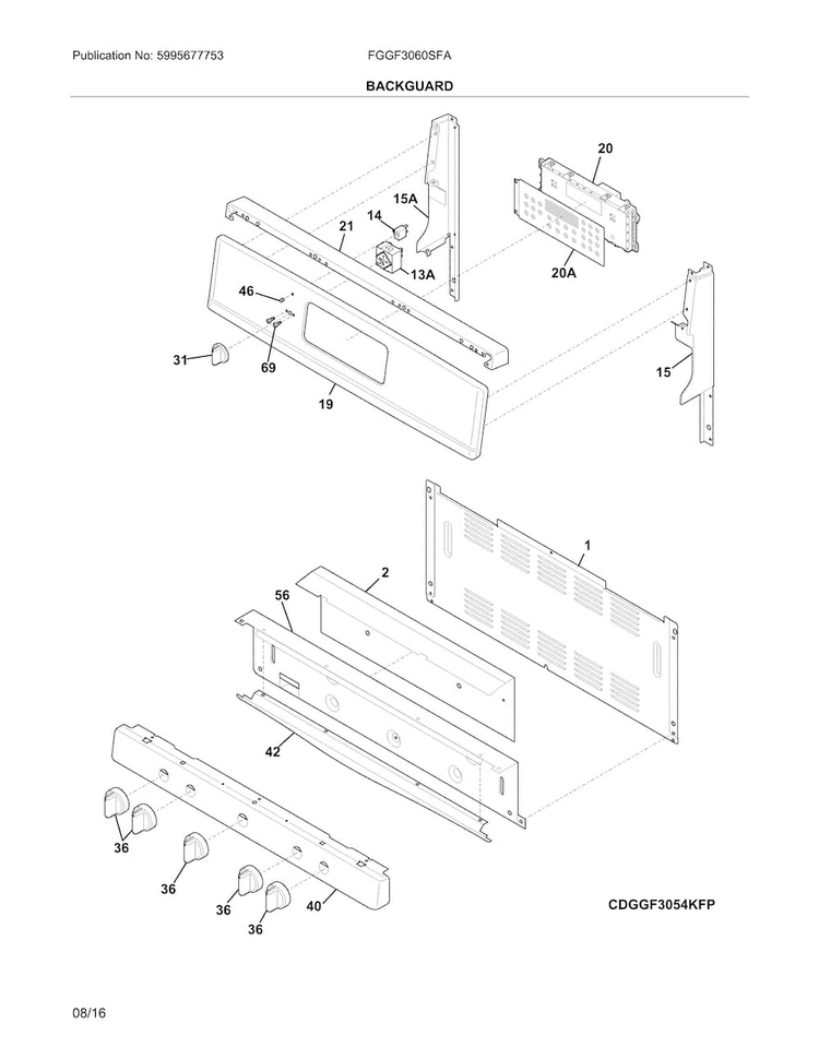 Backguard Diagram and Parts List for FGGF3060SFA  Frigidaire Range