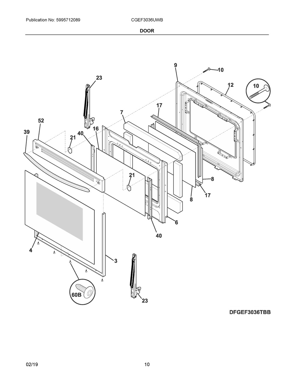 Door Diagram and Parts List for CGEF3036UWB  Frigidaire Range