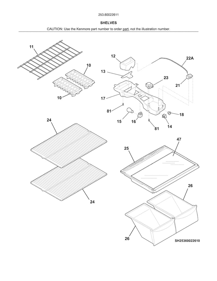 Shelves Diagram and Parts List for 25360022611  Kenmore Refrigerator