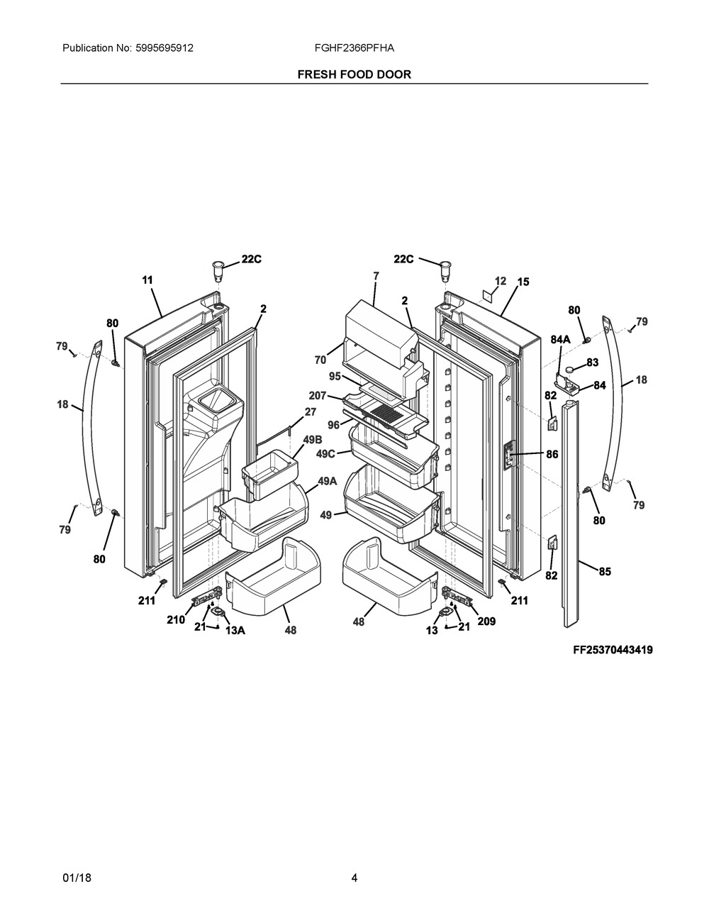 Fresh Food Door Diagram and Parts List for FGHF2366PFHA  Frigidaire Refrigerator