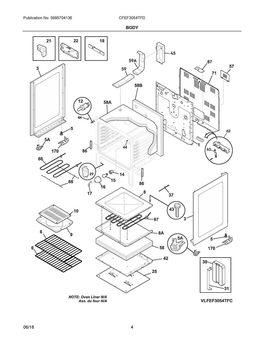 Body Diagram and Parts List for CFEF3054TFD  Frigidaire Range