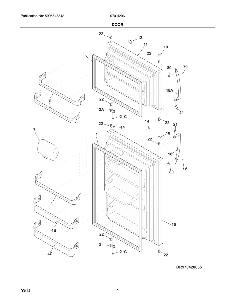 Door Diagram and Parts List for 970-420636  Frigidaire Refrigerator