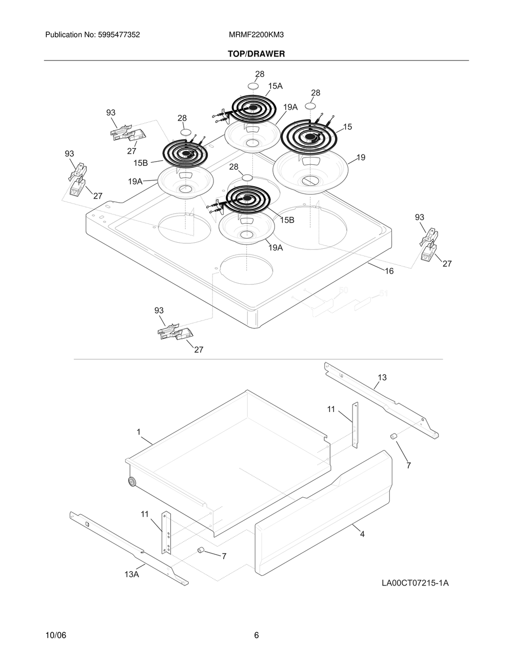 Top/Drawer Diagram and Parts List for MRMF2200KM3  Frigidaire Range