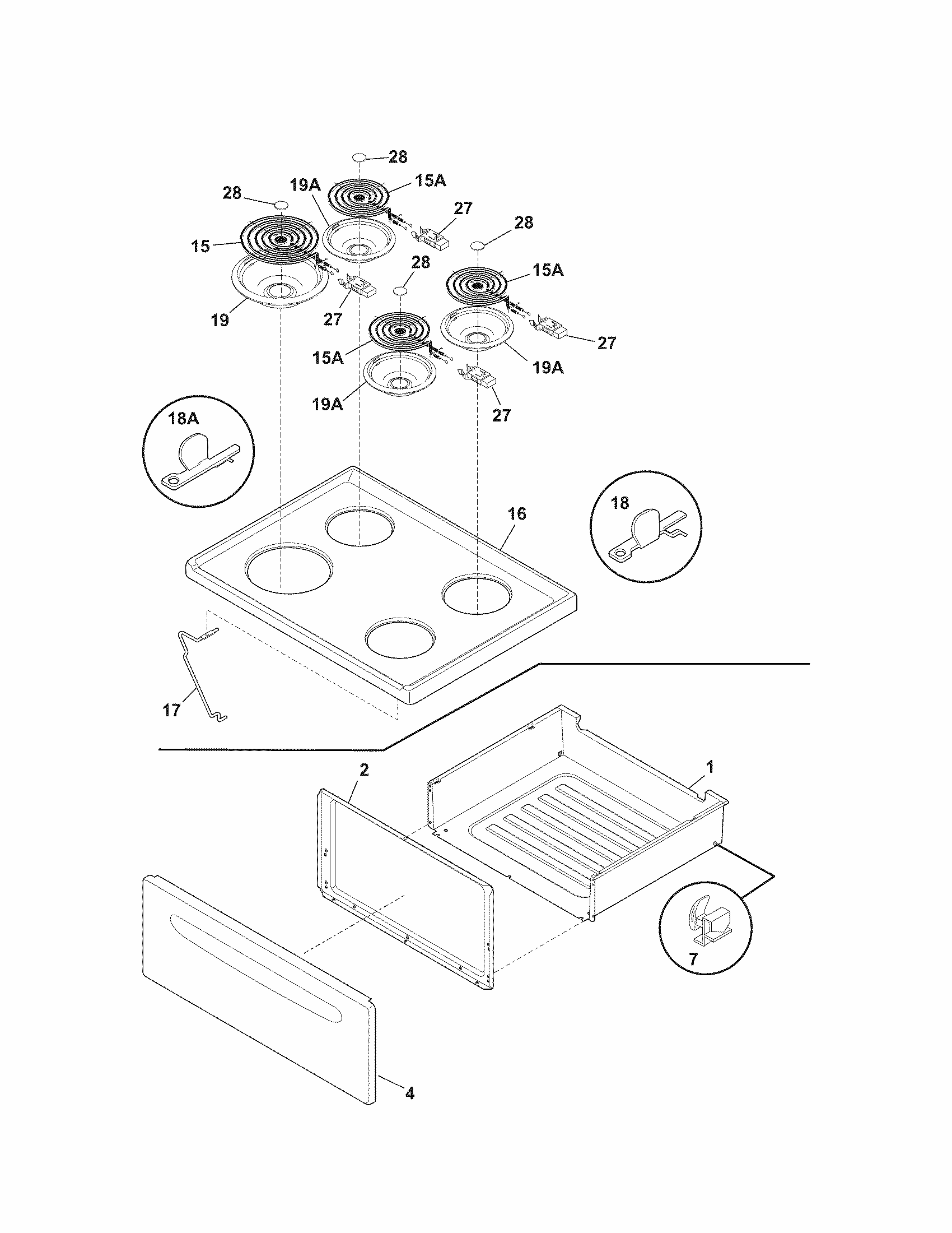 Top/drawer Diagram and Parts List for 79090821409  Kenmore Range