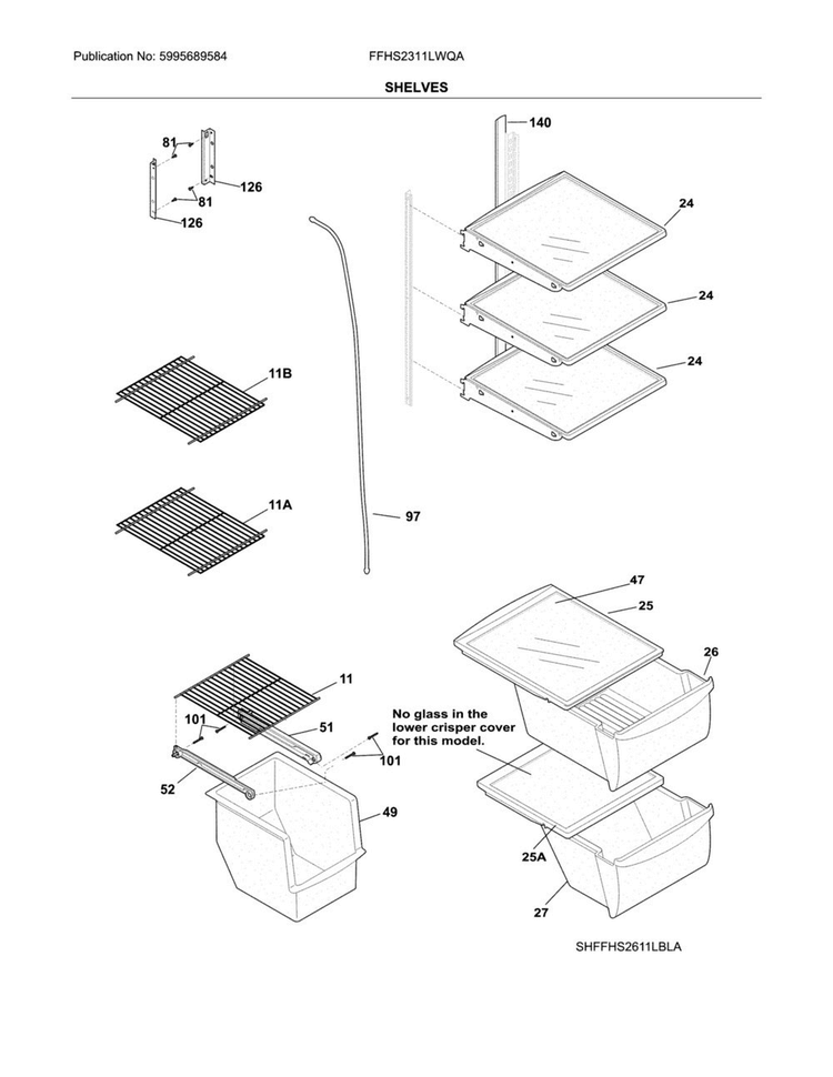 Shelves Diagram and Parts List for FFHS2311LWQA  Frigidaire Refrigerator