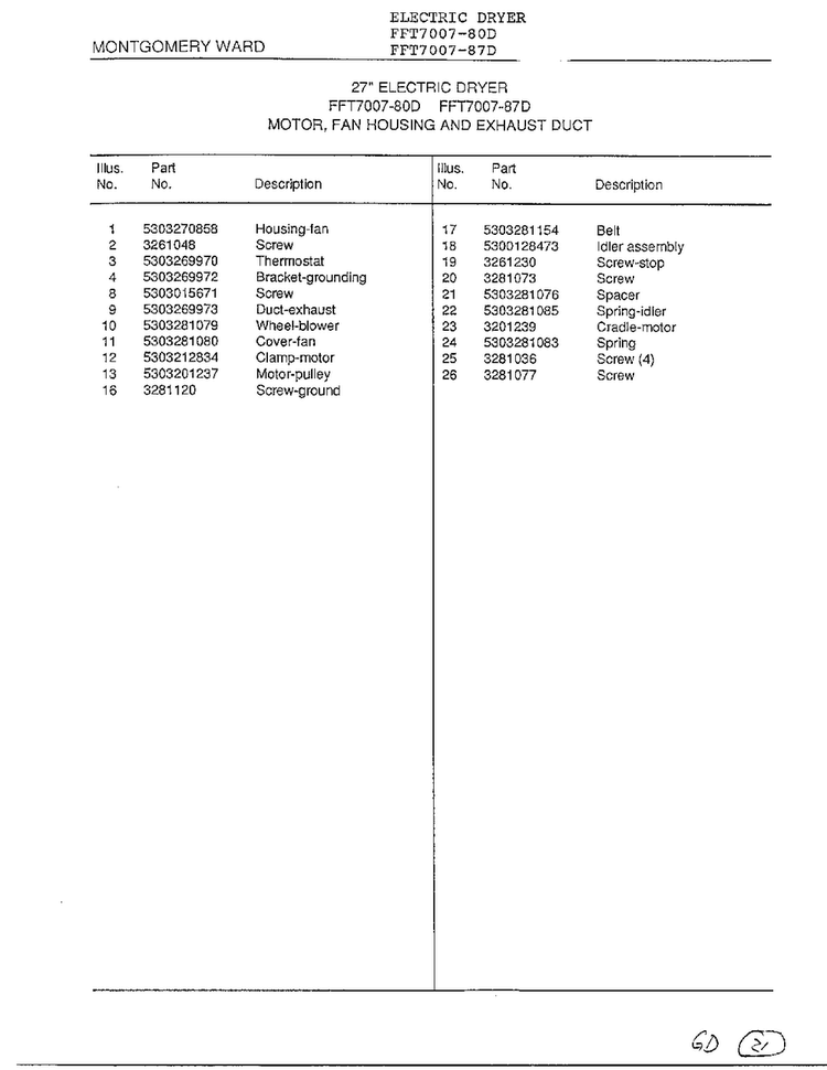 Motor, Fan Housing And Exhaust Duct Page 2 Diagram and Parts List for 7007-80D  Frigidaire Dryer