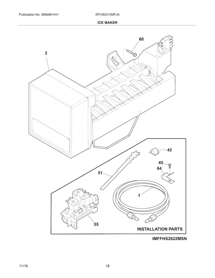 Ice Maker Diagram and Parts List for DFHS2313MFJA  Frigidaire Refrigerator