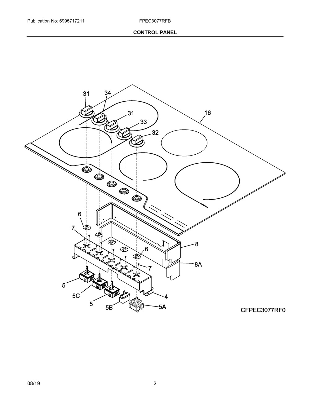 Control Panel Diagram and Parts List for FPEC3077RFB  Frigidaire Cooktop