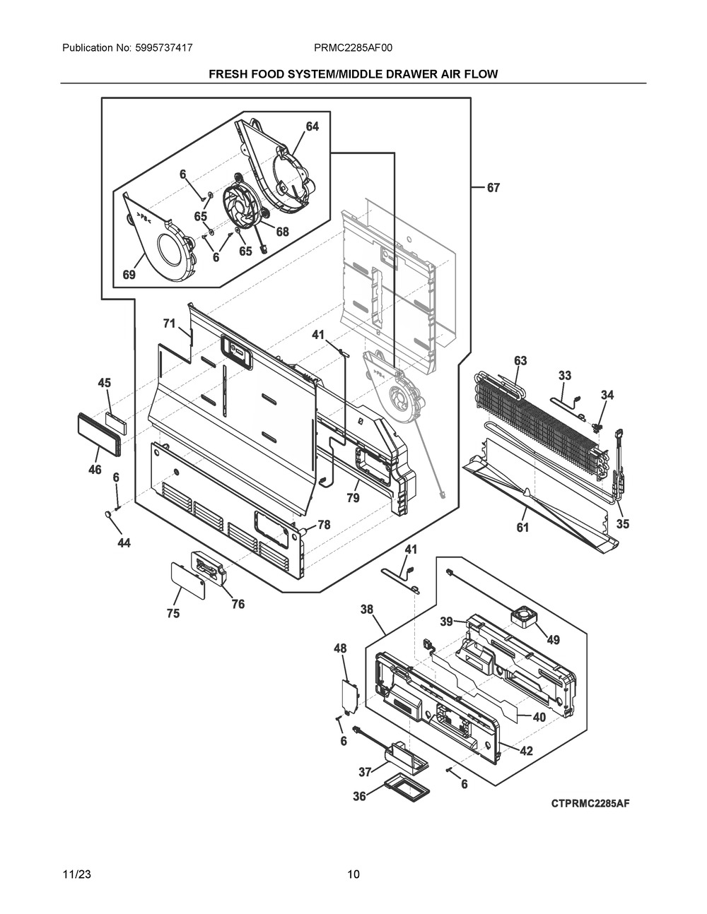 Fresh Food System/Middle Drawer Air Flow Diagram and Parts List for PRMC2285AF00  Frigidaire Refrigerator