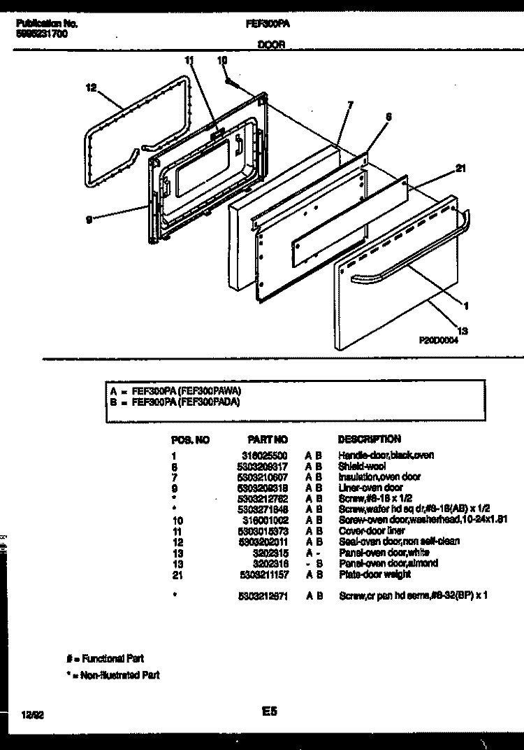 DOOR PARTS Diagram and Parts List for FEF300PADA  Frigidaire Range