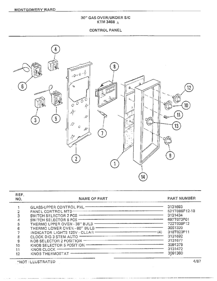 30" Gas Over/under Control Panel Diagram and Parts List for 3468A  Frigidaire Range