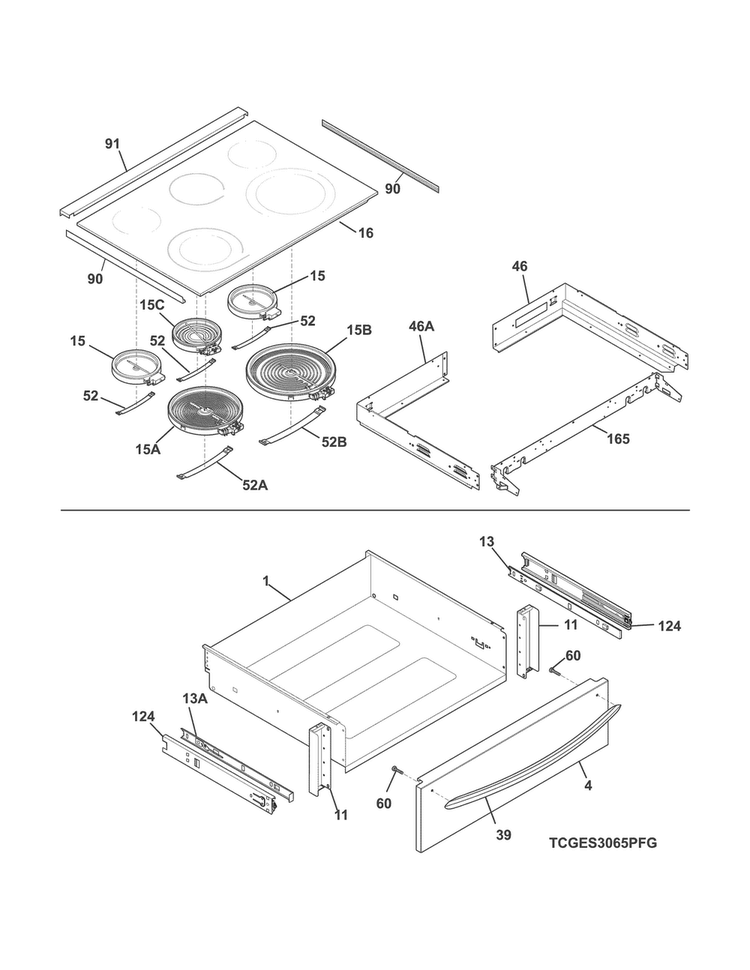 Top/drawer Diagram and Parts List for CGES3065PFG  Frigidaire Range