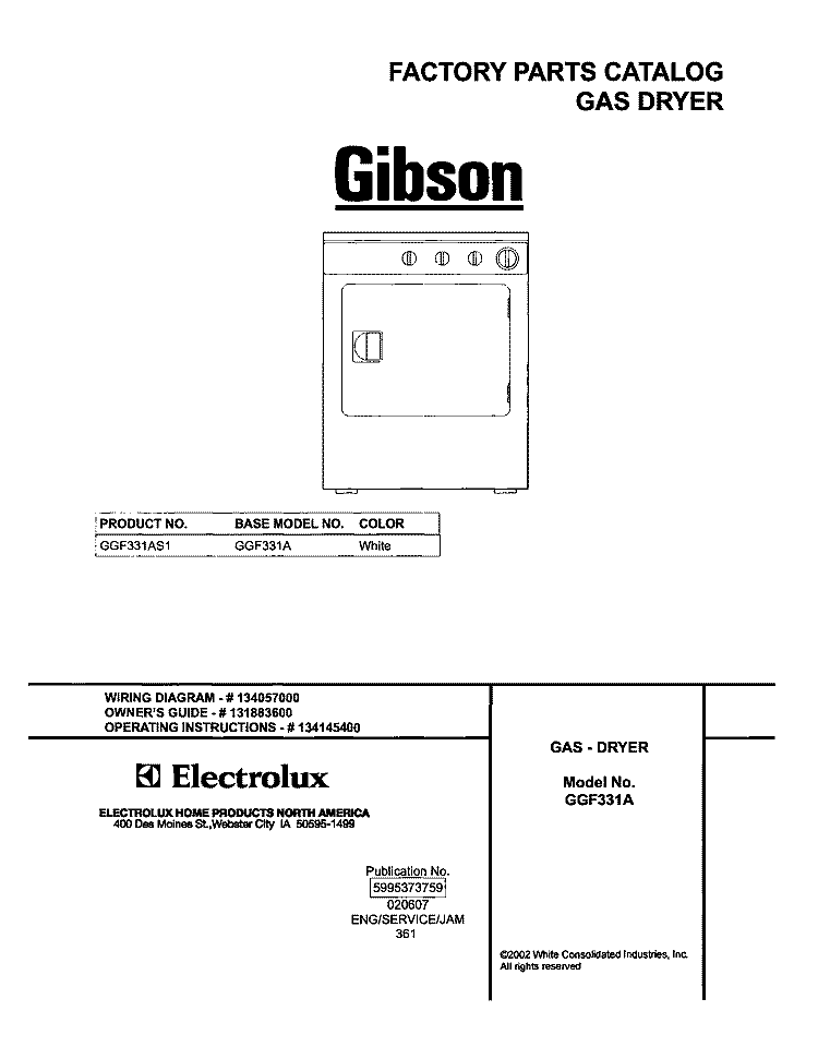 COVER Diagram and Parts List for GGF331AS1  Gibson Dryer