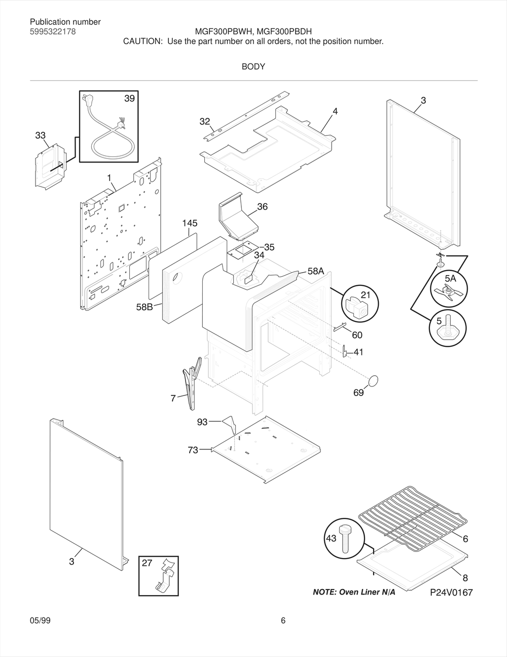 Body Diagram and Parts List for MGF300PBDW  Frigidaire Range