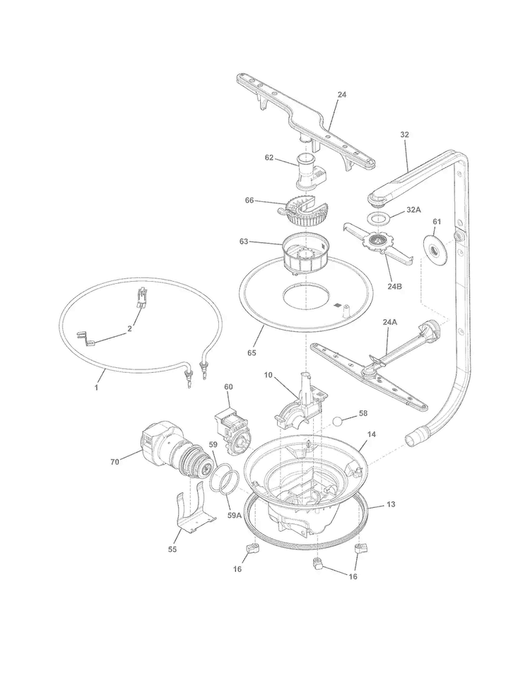 Motor & Pump Diagram and Parts List for FGBD2434PW0A  Frigidaire Dishwasher