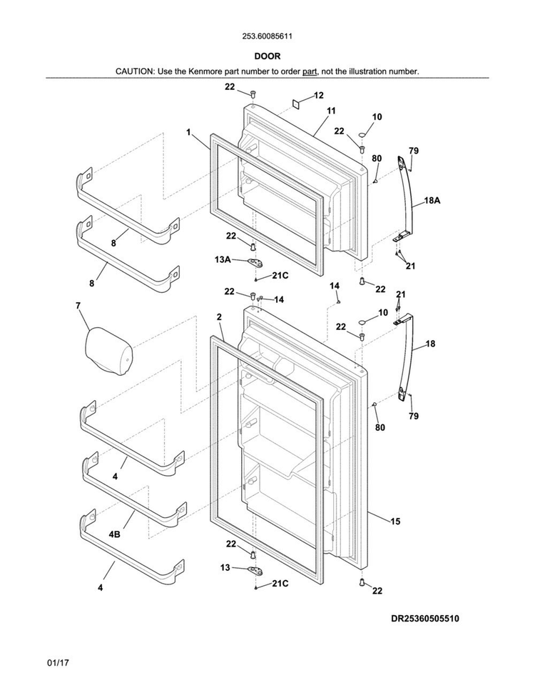 Doors Diagram and Parts List for 25360085611  Kenmore Refrigerator