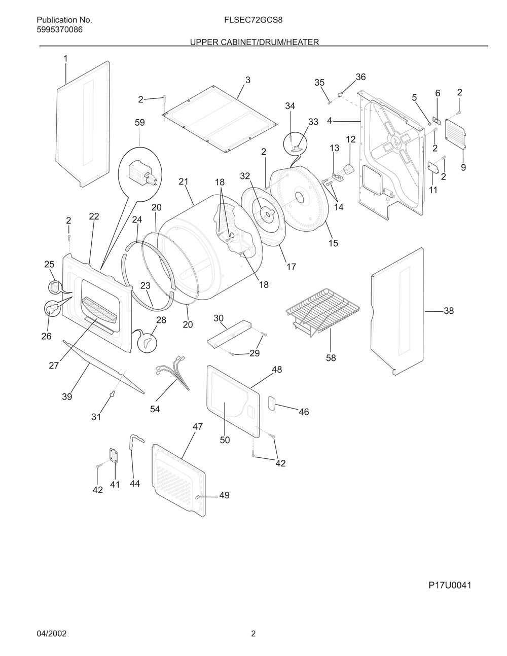 Upper Cabinet/Drum/Heater Diagram and Parts List for FLSEC72GCS8  Frigidaire Dryer