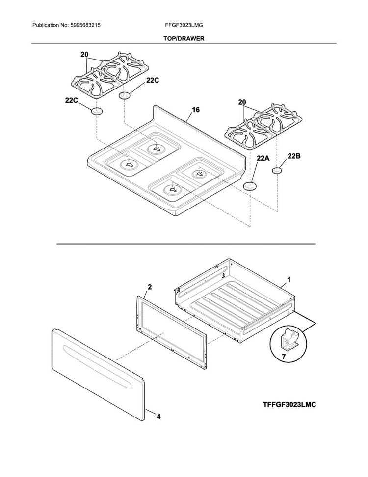 Top/drawer Diagram and Parts List for FFGF3023LMG  Frigidaire Range