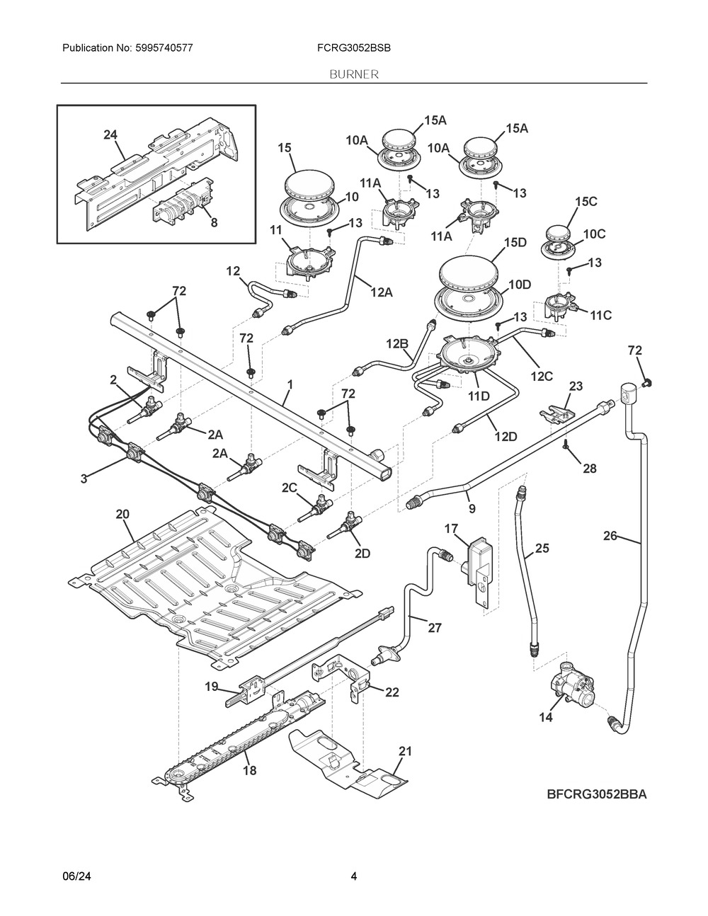 Burner Diagram and Parts List for FCRG3052BSB  Frigidaire Range