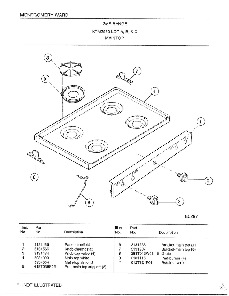 Maintop Diagram and Parts List for 2530B  Frigidaire Range