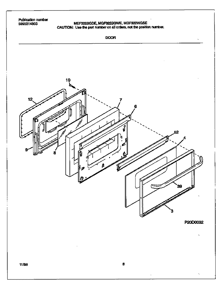 DOOR Diagram and Parts List for MEF322BGWE  Frigidaire Range
