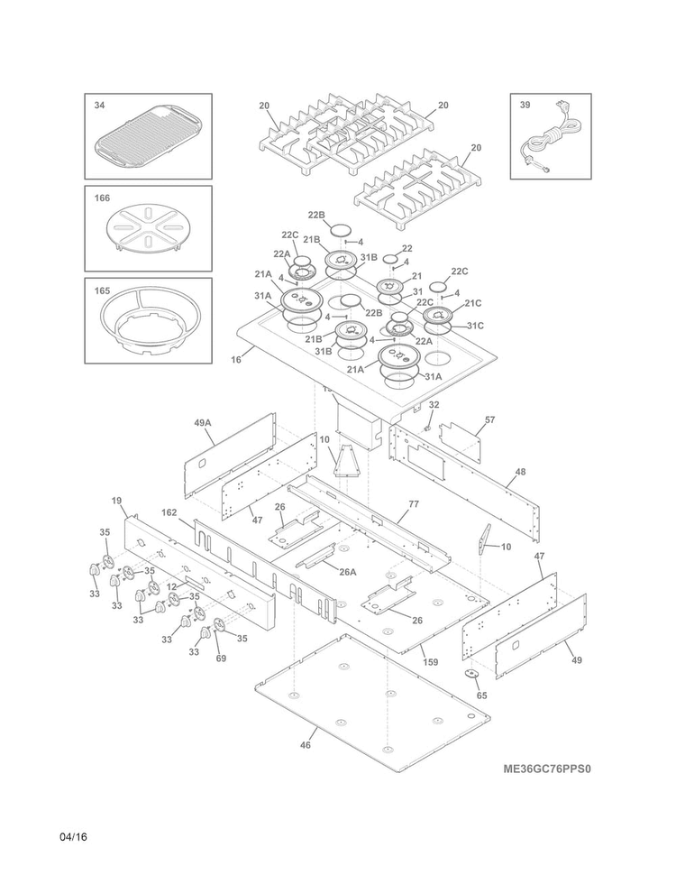 Cook Top Diagram and Parts List for E36GC76PRS0  Electrolux Cooktop