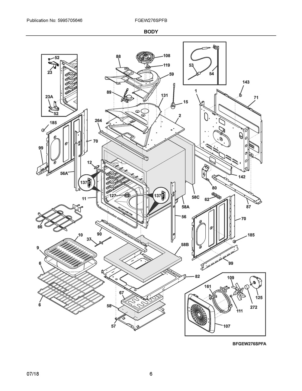 Body Diagram and Parts List for FGEW276SPFB  Frigidaire Wall Oven