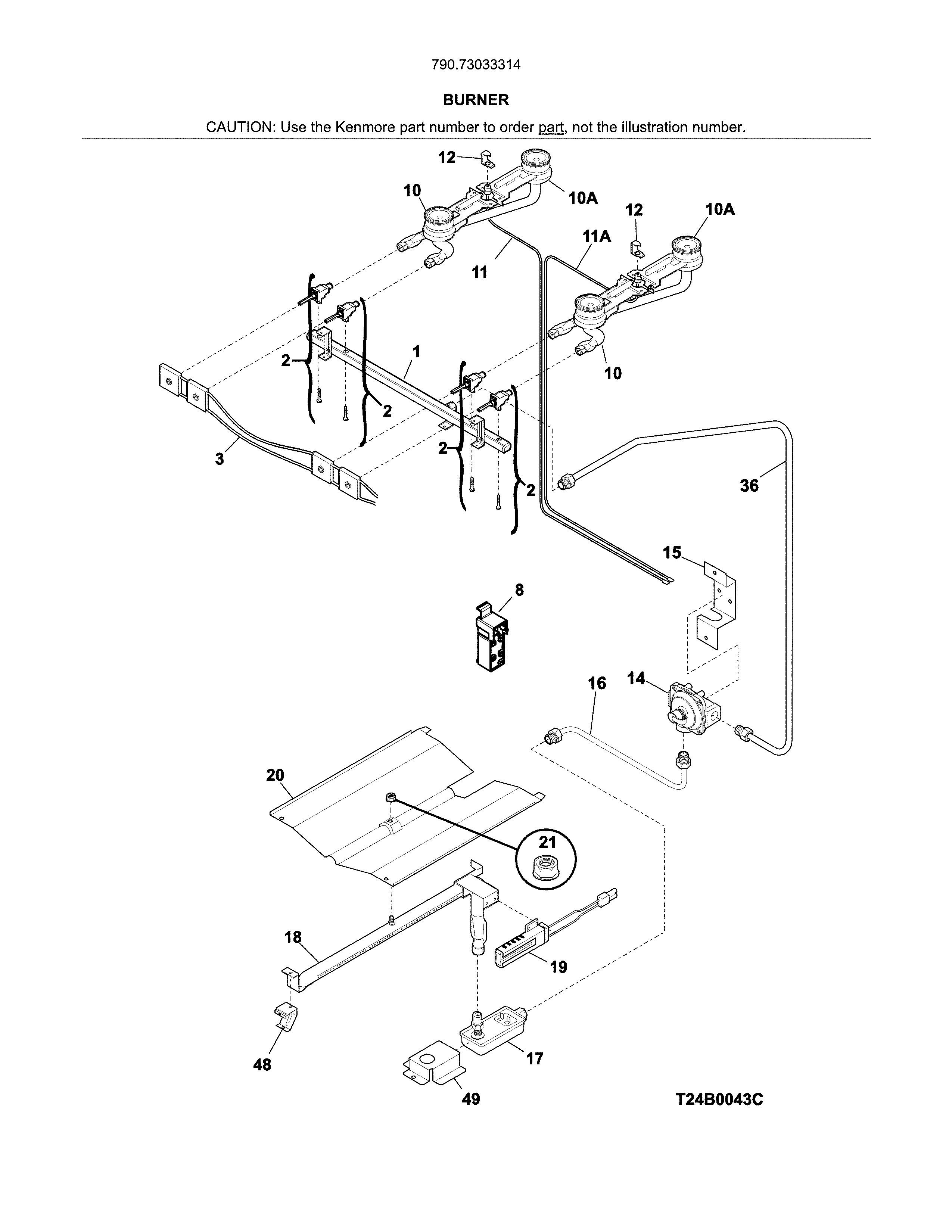 Burner Diagram and Parts List for 79073033314  Kenmore Range