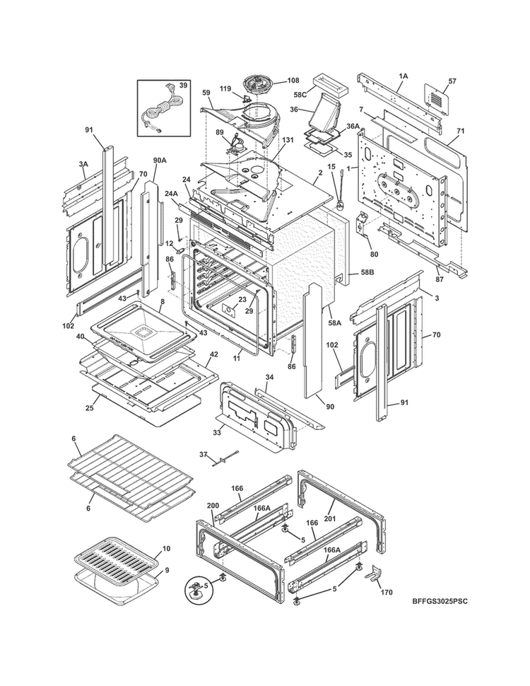 Body Diagram and Parts List for FFGS3025PSC  Frigidaire Range