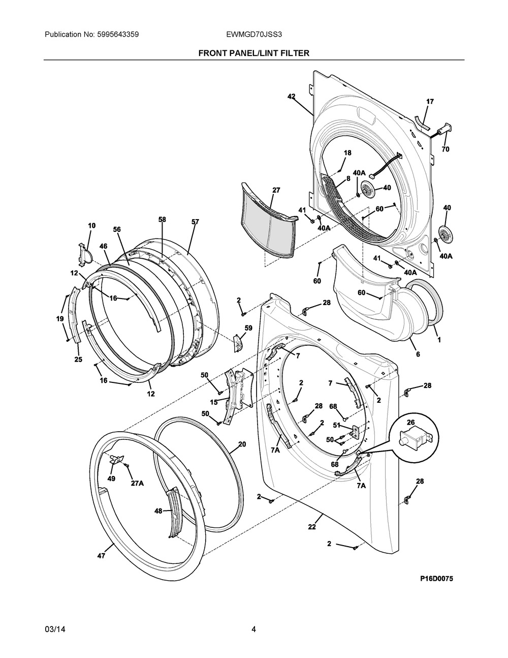 Front Panel/lint Filter Diagram and Parts List for EWMGD70JSS3  Frigidaire Dryer