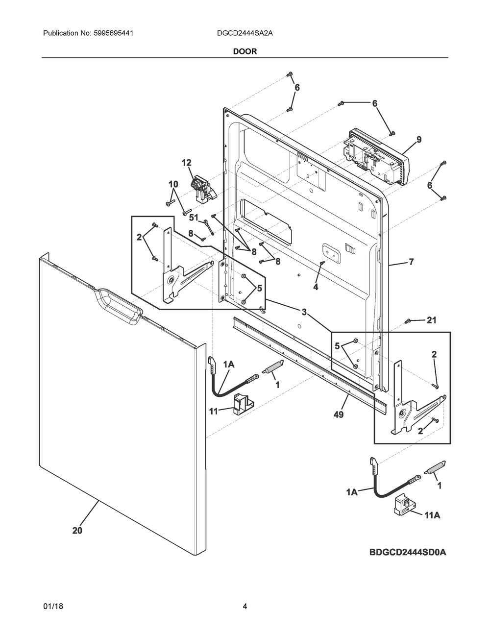 Door Diagram and Parts List for DGCD2444SA2A  Frigidaire Dishwasher