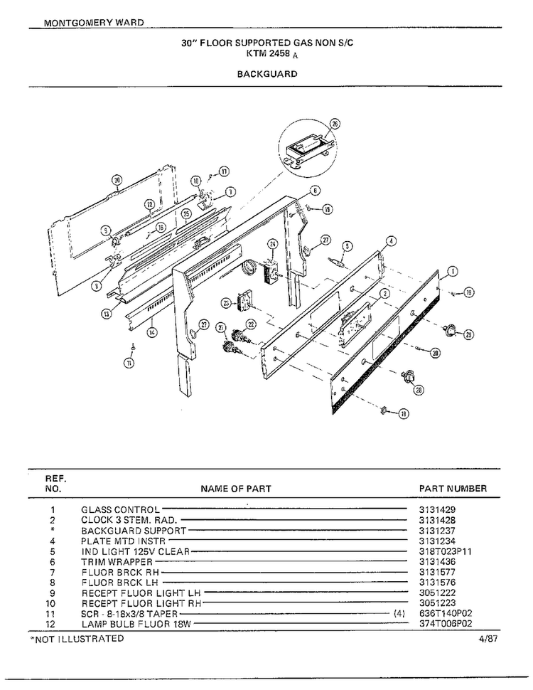 30" Floor/backguard Diagram and Parts List for 2458A  Frigidaire Range