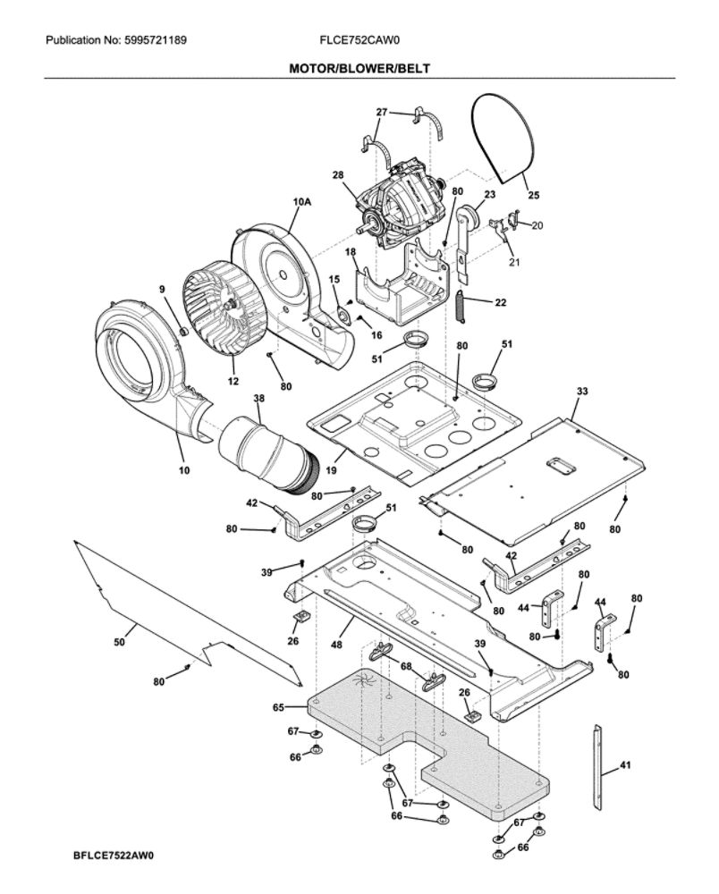 Motor/Blower/Belt Diagram and Parts List for FLCE752CAW0  Frigidaire Washer Dryer Combo