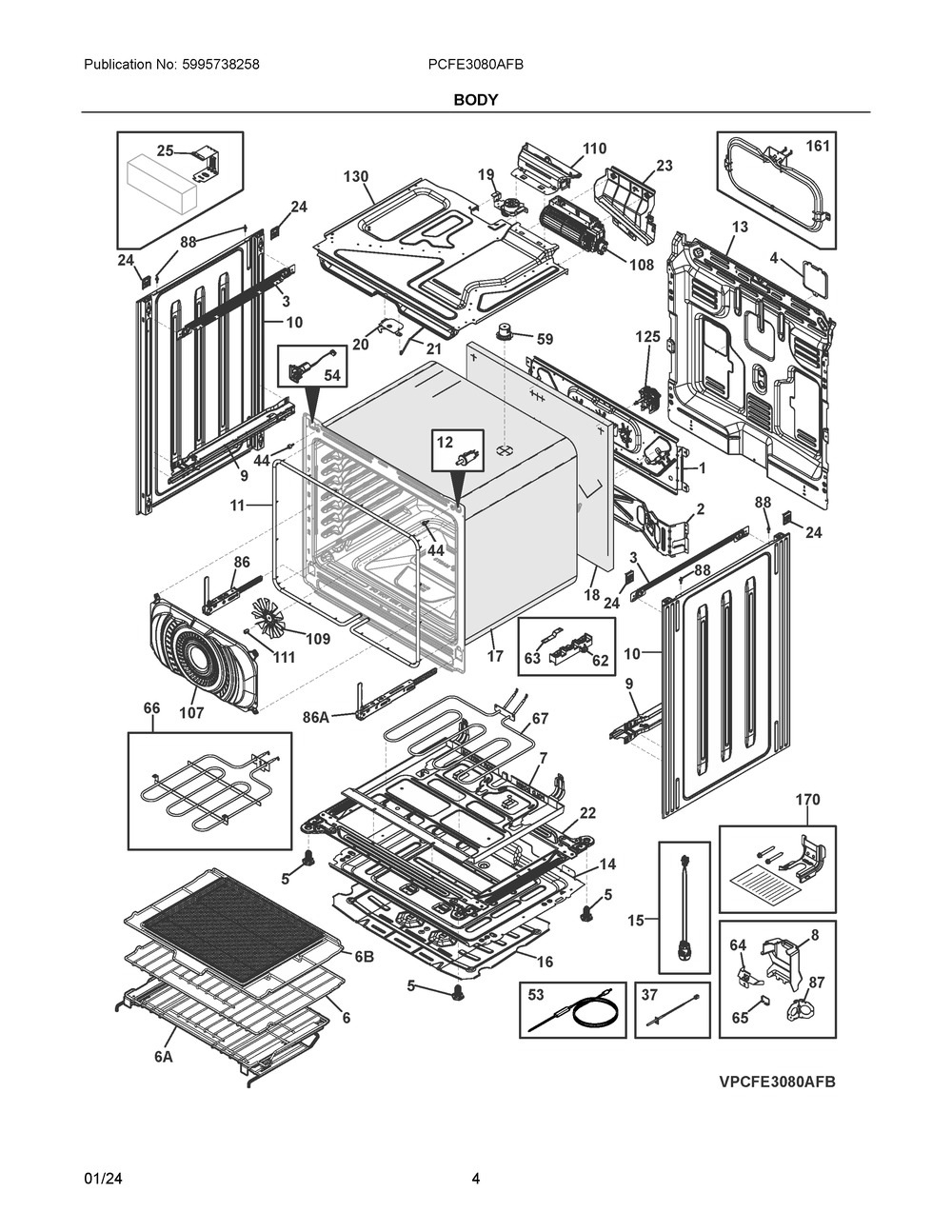Body Diagram and Parts List for PCFE3080AFB  Frigidaire Range