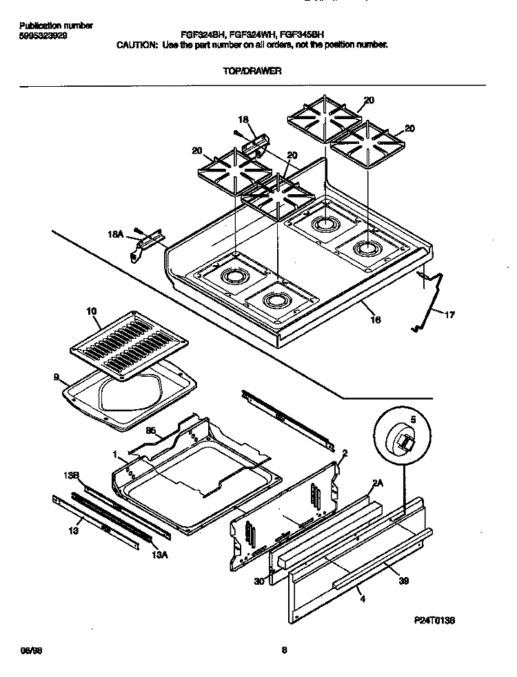 TOP / DRAWER Diagram and Parts List for FGF324BHDA  Frigidaire Range