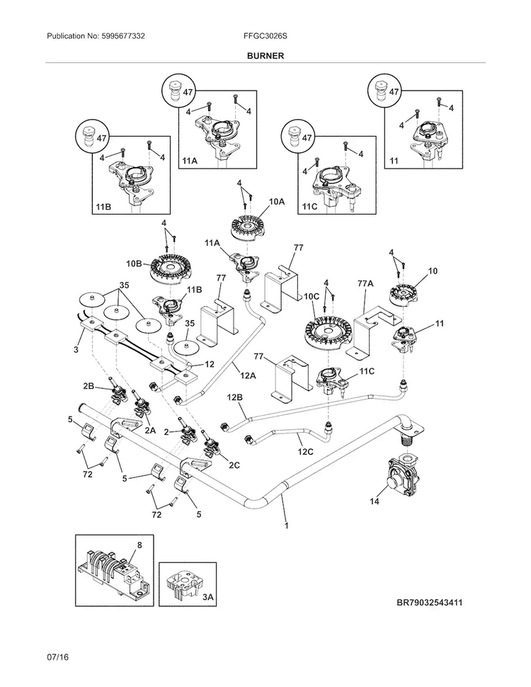 Burners Diagram and Parts List for FFGC3026SBB  Frigidaire Cooktop