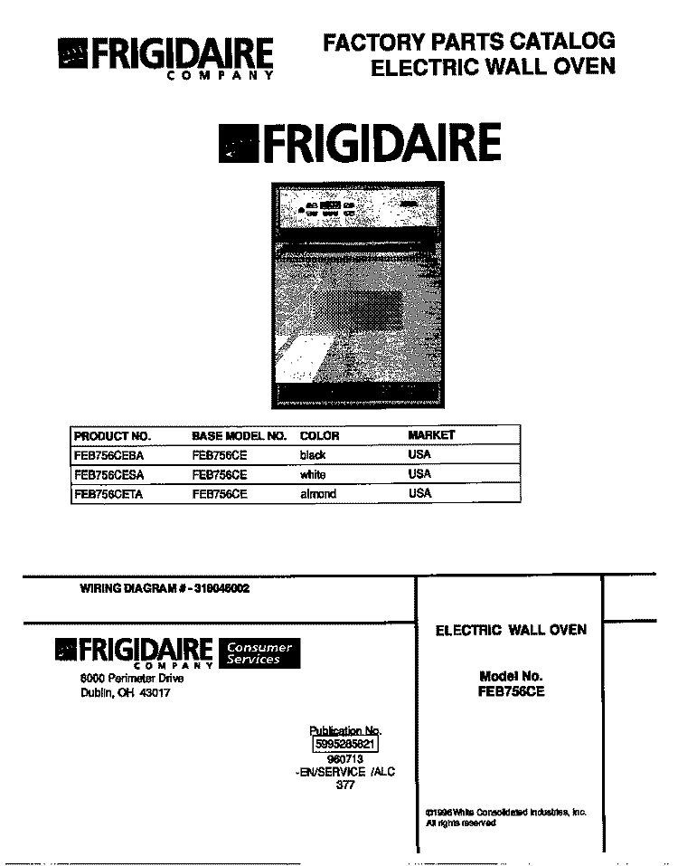 COVER Diagram and Parts List for FEB756CETA  Frigidaire Wall Oven