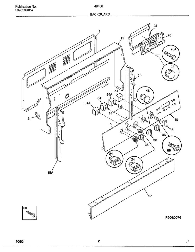 Backguard Diagram and Parts List for 484567B  Frigidaire Range