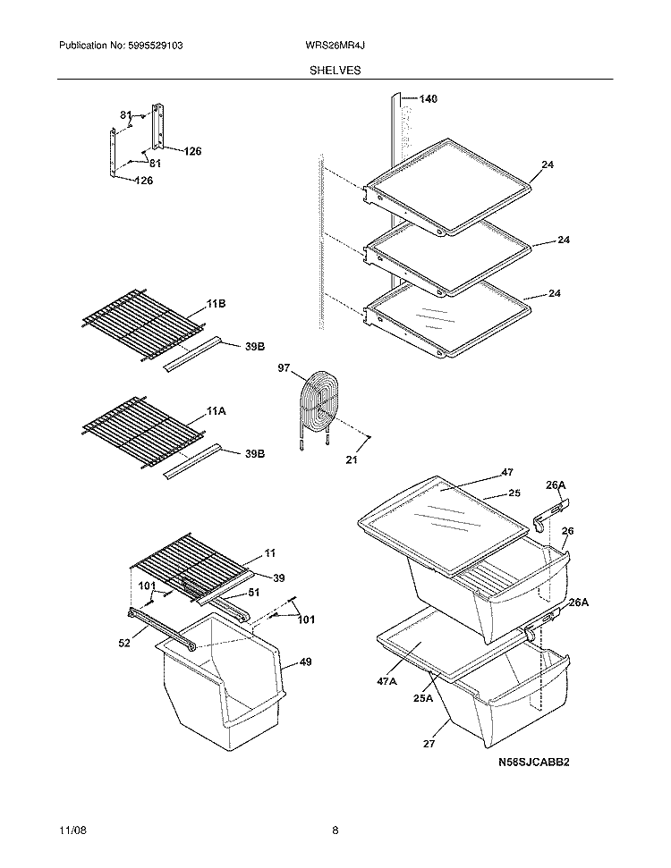 SHELVES Diagram and Parts List for WRS26MR4JB4  Crosley Refrigerator