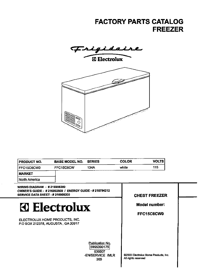 COVER Diagram and Parts List for FFC15C6CW0  Frigidaire Freezer