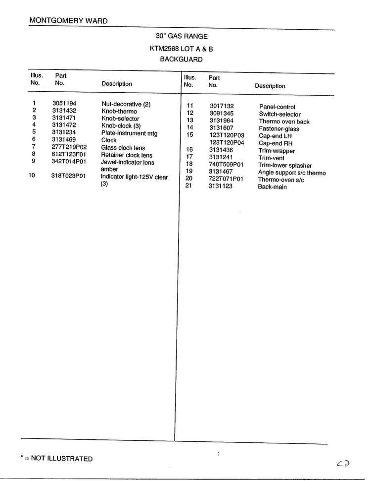 30" Gas Range/backguard Page 2 Diagram and Parts List for 2568A  Frigidaire Range