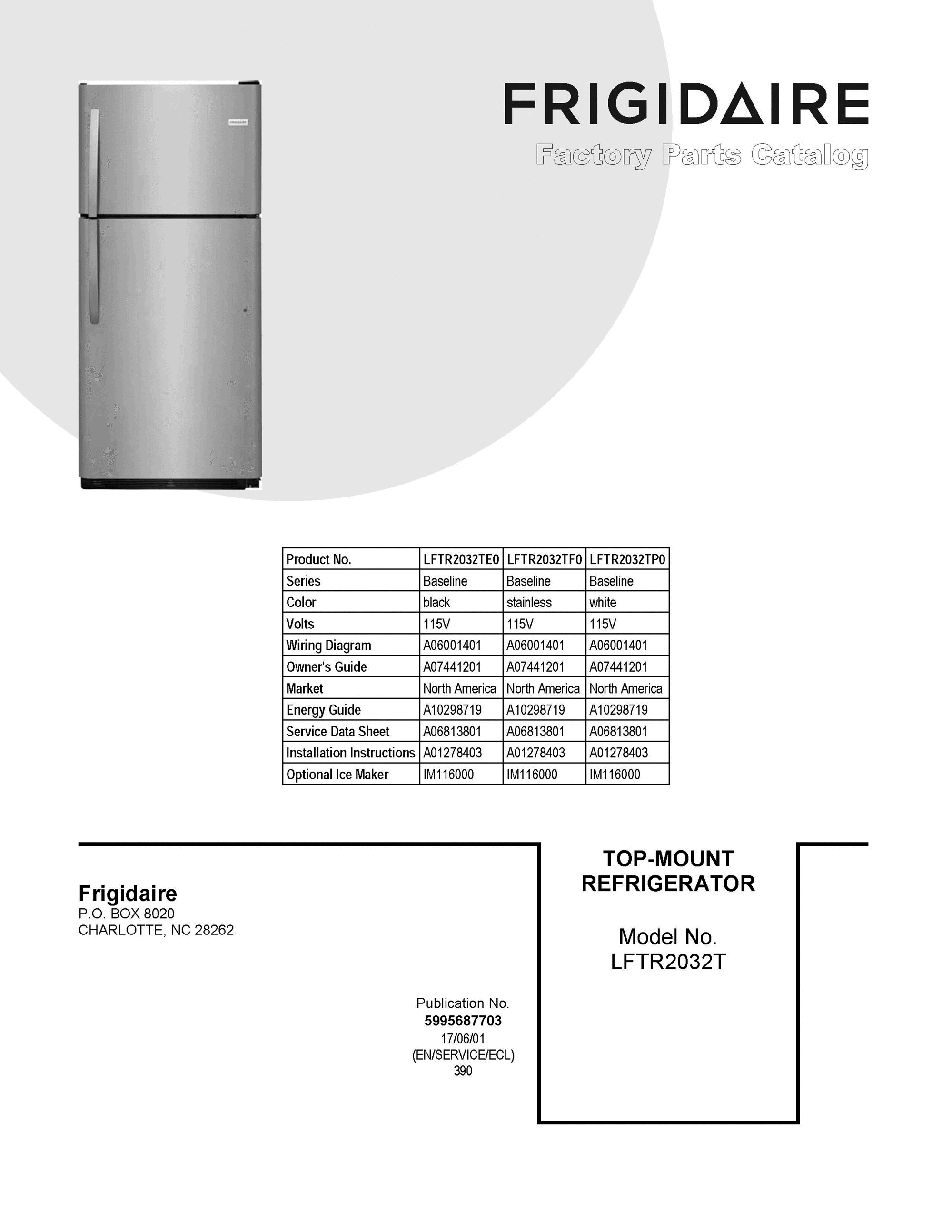 01 - COVER SHEET Diagram and Parts List for LFTR2032TE0  Frigidaire Refrigerator