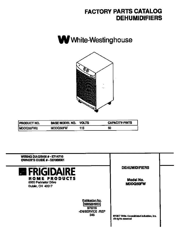 COVER Diagram and Parts List for MDDQ50FW2  Frigidaire Dehumidifier