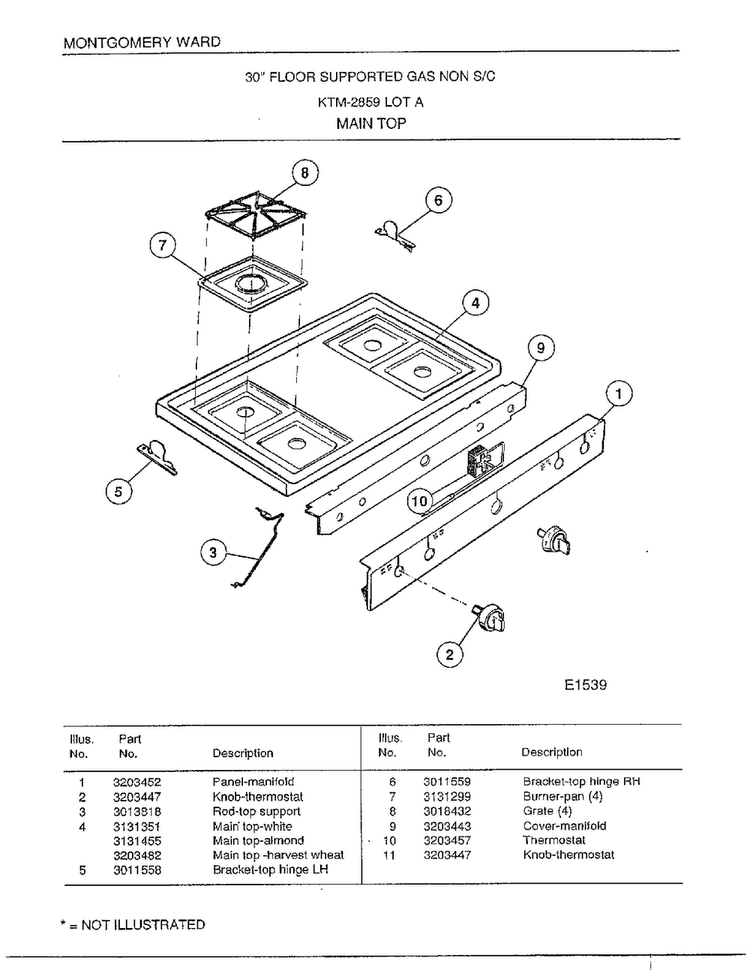 30" Floor Supported Gas/ Main Top Diagram and Parts List for 2859A  Frigidaire Range